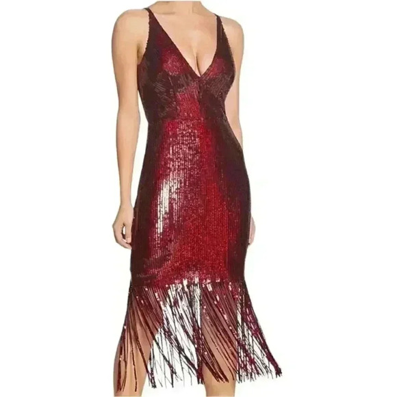 DRESS the Population NWT Frankie Sequin Fringe Midi Dress Size XS Red Black. - Picture 11 of 11